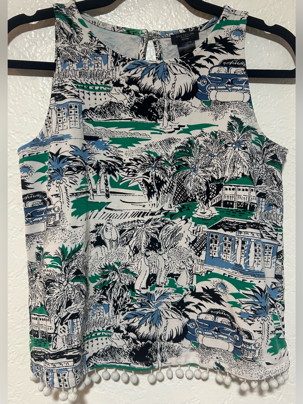 Tropical Print Pom-Pom Tank Top - Blue & Green